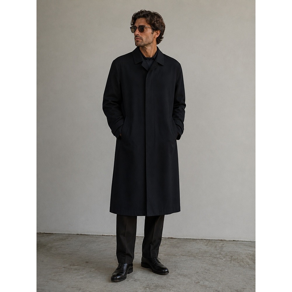 Vintage Sanyo Car Coat Wool Mens XL Black Hidden Button Made in Japan Long